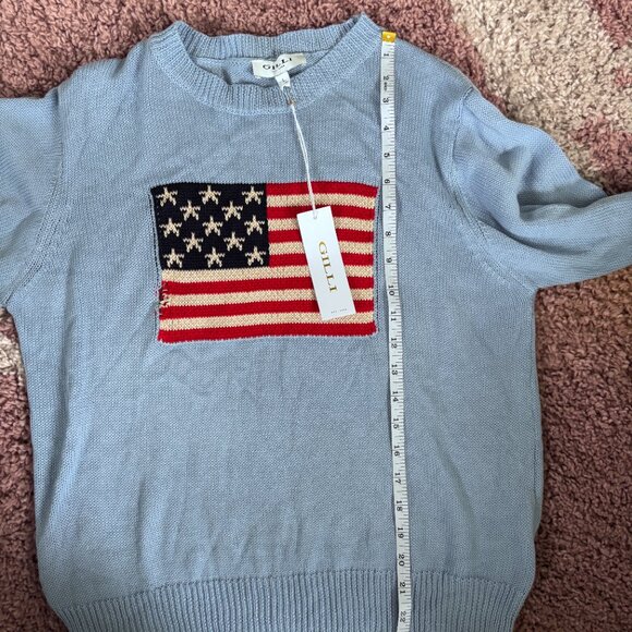 NWT Gilli American Flag Knit Sweater Baby Blue Long Sleeve Patriotic Large FLAW - Picture 10 of 10